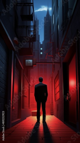A dark alleyway with a man in a suit standing in the middle. The alleyway is lit by red lights.