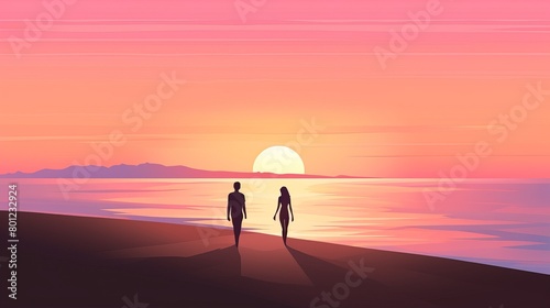 A couple is walking on the beach at sunset