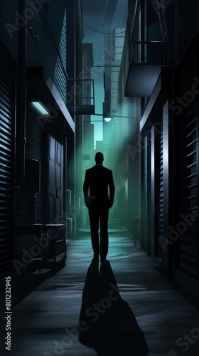 A dark and mysterious figure walks alone through a narrow alleyway, illuminated only by a single street lamp.