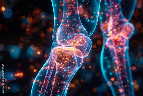 An illustration of a knee joint with glowing particles.