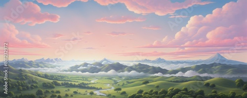 A painting of a beautiful landscape with mountains  hills and a river running through a valley. The sky is pink and cloudy and the sun is rising over the mountains.