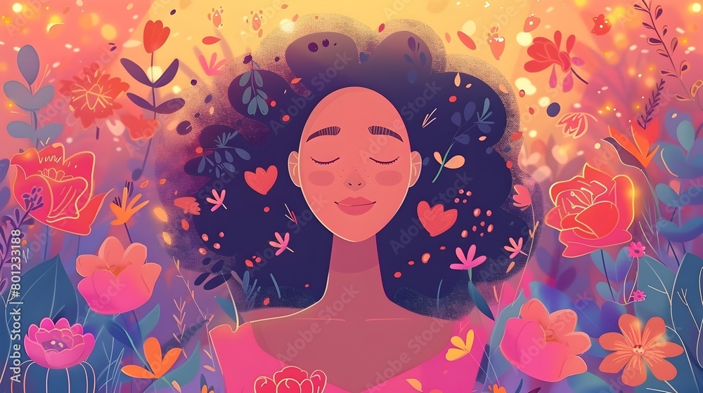 Serene Female Portrait in Vibrant Floral Landscape Embodying Self Love and Mindful Wellness Serene Female Portrait in Vibrant Floral Landscape Embodying Self Love and Mindful Wellness