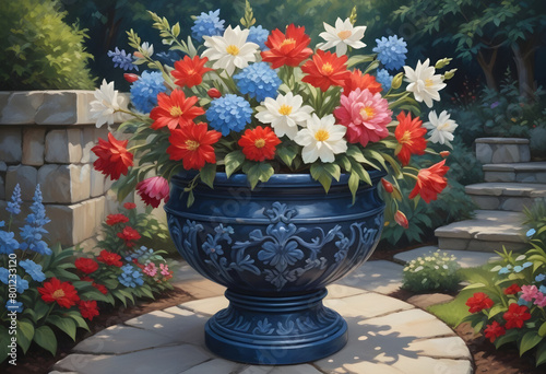 Illustration of blue decorative planter filled with colorful spring flowers on patio