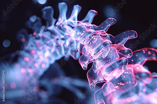 Generate an image of a glowing blue and pink spine with a glowing pink light shining on it photo