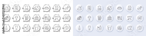 Beer glass, Best food and Grill line icons. White pin 3d buttons, chat bubbles icons. Pack of Coffee vending, Dish plate, Food icon. Coffee shop, Cooking water, Overeating pills pictogram. Vector