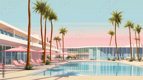Retro illustration of a luxury hotel with a swimming pool and palm trees. © narak0rn