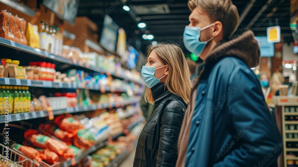 Obraz premium People with face mask shopping in a grocery store with fresh produce.