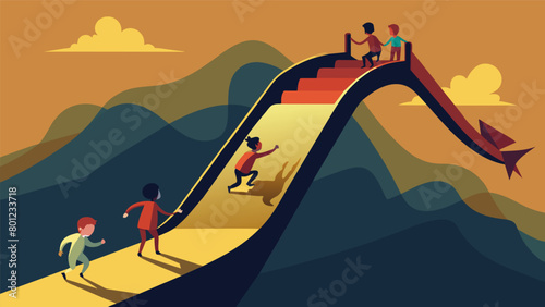 The slide becomes a treacherous path as the exaggerated shadows of the kids climbing up it resemble a steep and winding mountain..