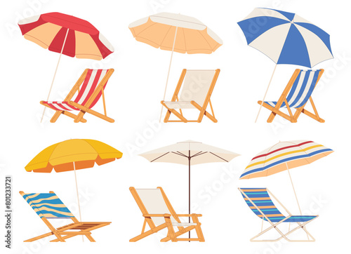 Beach chair lounger with umbrella. Summer vacation by the sea. Warm summer sunny days on vacation. Vector illustration © Igor