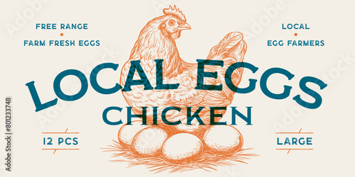 Chicken, hen with nest, eggs. Label, tag, chicken nest, eggs sketch ink pencil style drawing, engrave old school style. Sketch artwork silhouette chicken with nest, eggs. Vector Illustration