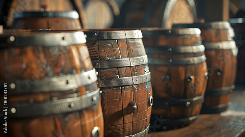 Wooden barrels on table closeup photo