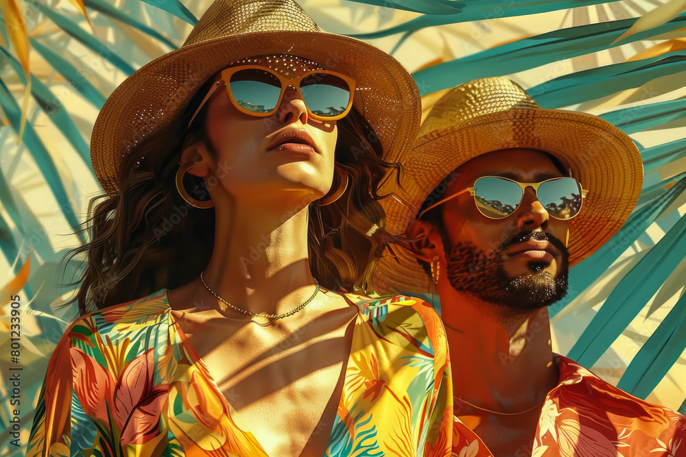 travel concept. a man and a woman in sunglasses travel in warm countries. illustration style images