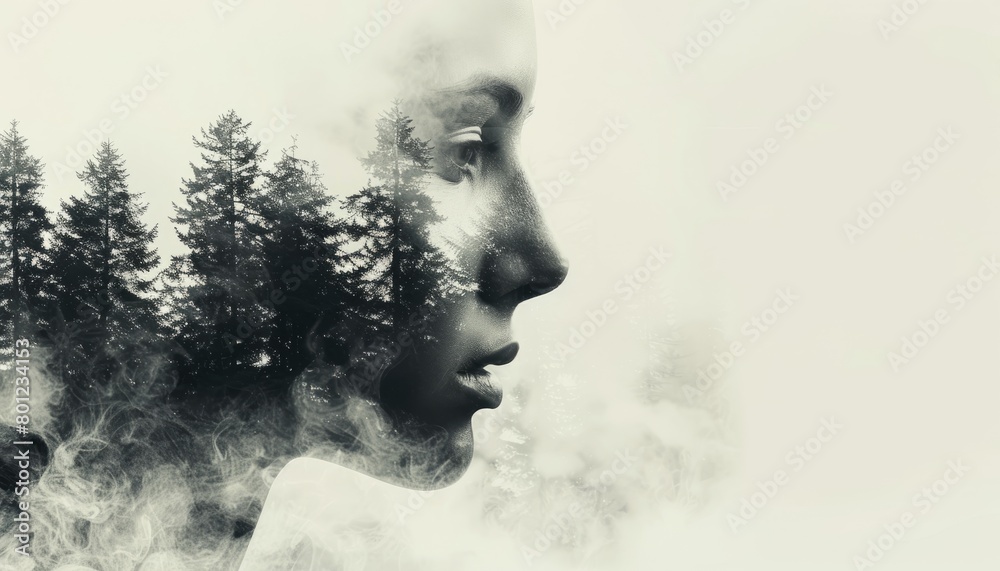 Double exposure combines face and forest. The concept of the unity of nature and man. The vitality of the human soul in nature illustration. Illustration for cover, card, interior design, poster, etc Double exposure combines face and forest. The concept of the unity of nature and man. The vitality of the human soul in nature illustration. Illustration for cover, card, interior design, poster, etc