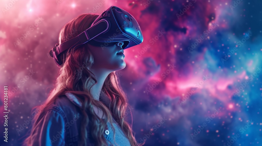 A female is in a virtual fantasy space universe with planet when wearing VR headset. A female is in a virtual fantasy space universe with planet when wearing VR headset.