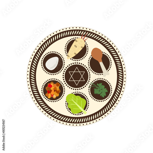 Jewish holiday Pesach, Passover seder plate with traditional food- egg, lettuce, shank bone,  parsley, apple vector illustration
