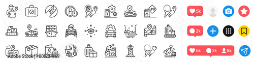 Car place, Carry-on baggage and Car service line icons pack. Social media icons. Parking time, Supply chain, Map web icon. Gas station, Parcel delivery, Baggage belt pictogram. Vector