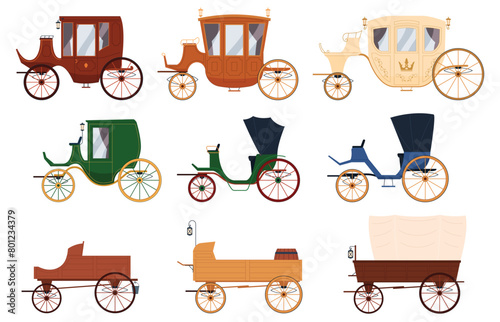 A set of carriages and wagons. Ancient transportation with the help of horses. Beautiful elegant carriages. Vector illustration