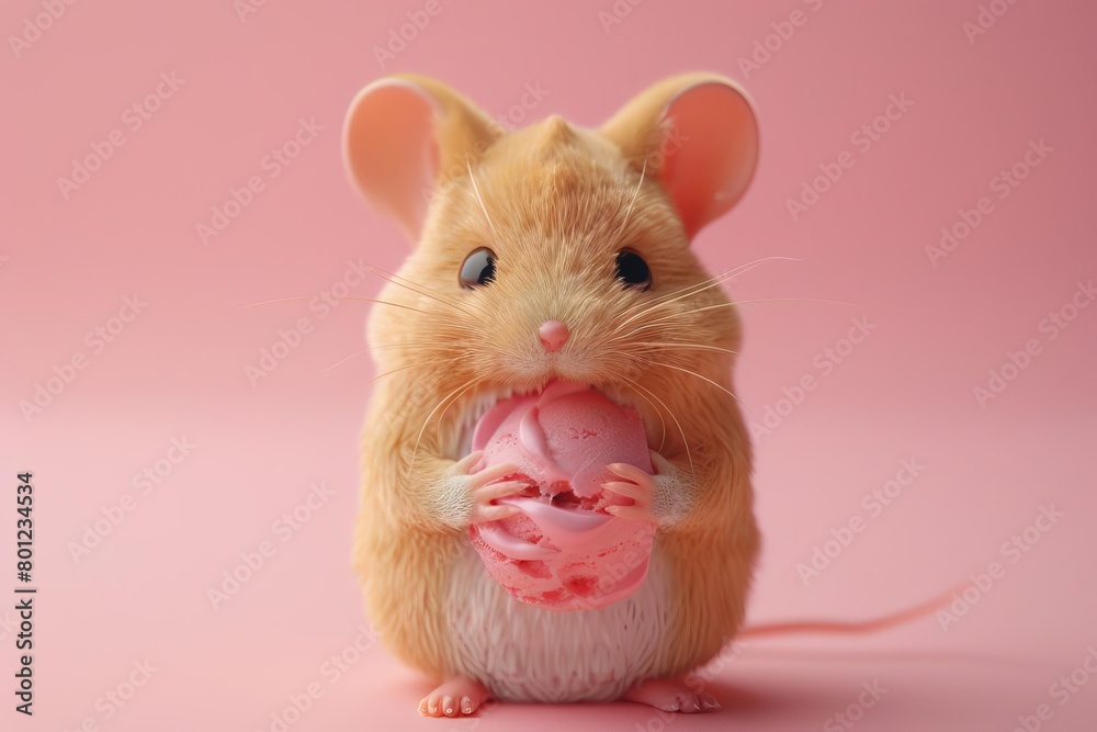 A cute mouse is eating a strawberry ice cream cone. The mouse is sitting on a pink background and looking at the camera. The ice cream cone is pink and white.