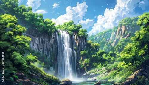 Picturesque landscape with a waterfall falling from a high cliff surrounded by a verdant forest. Natural background. Illustration for cover, card, interior design, poster, brochure or presentation.