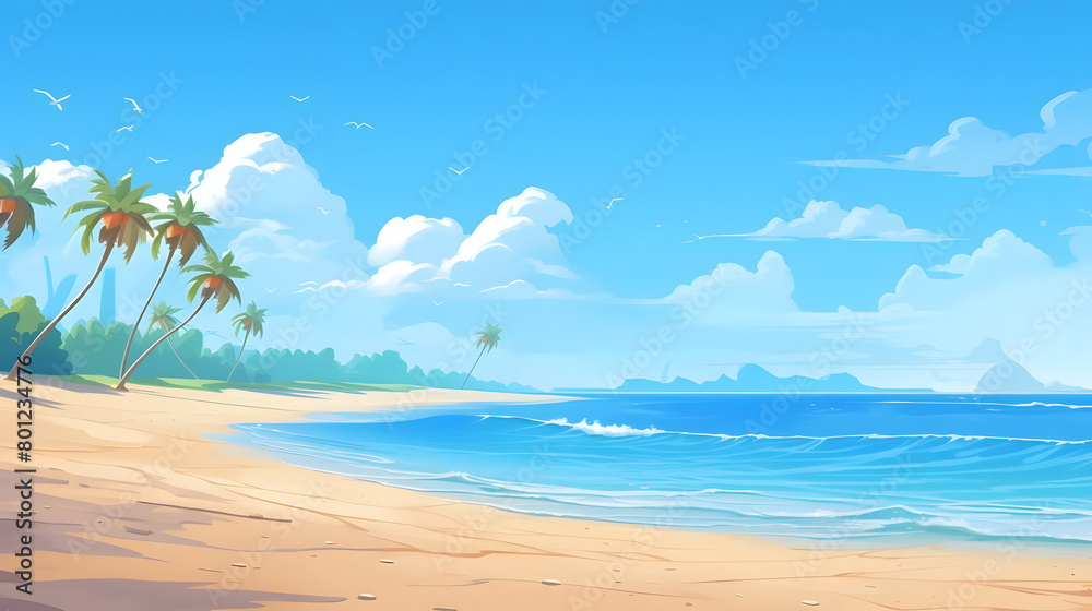 Beachfront Paradise, Sandy Shore, Clear Skies. Realistic Beach Landscape. Vector Background