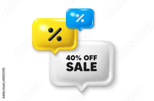 Discount speech bubble offer 3d icon. Sale 40 percent off discount. Promotion price offer sign. Retail badge symbol. Sale discount offer. Speech bubble sale banner. Discount balloon. Vector