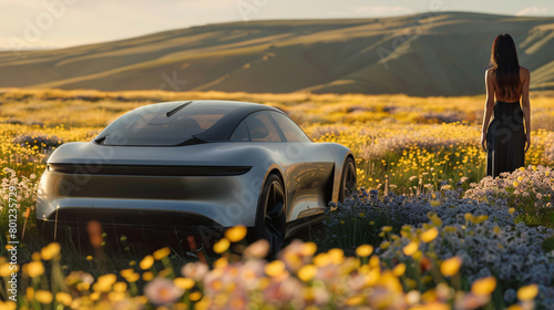 A young woman stands admiring a futuristic electric vehicle amidst a vibrant field of wildflowers, highlighting innovation and nature. © Mangsaab