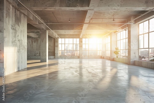 Modern loft style space with polished concrete floors, walls and ceiling with large windows.