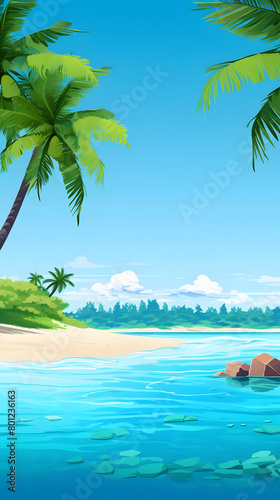Shoreline Retreat, Clear Blue Waters, Palm Trees. Realistic Beach Landscape. Vector Background