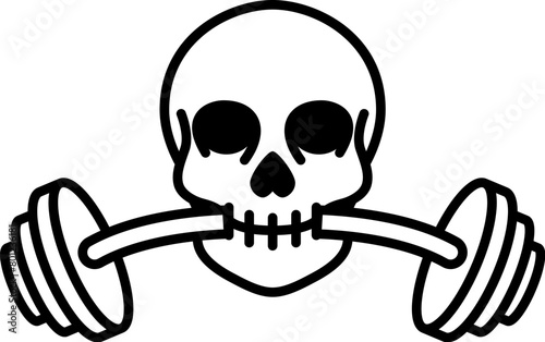Illustration of skull with barbell in teeth in monochrome style. Design element for logo, sign, emblem. Vector illustration