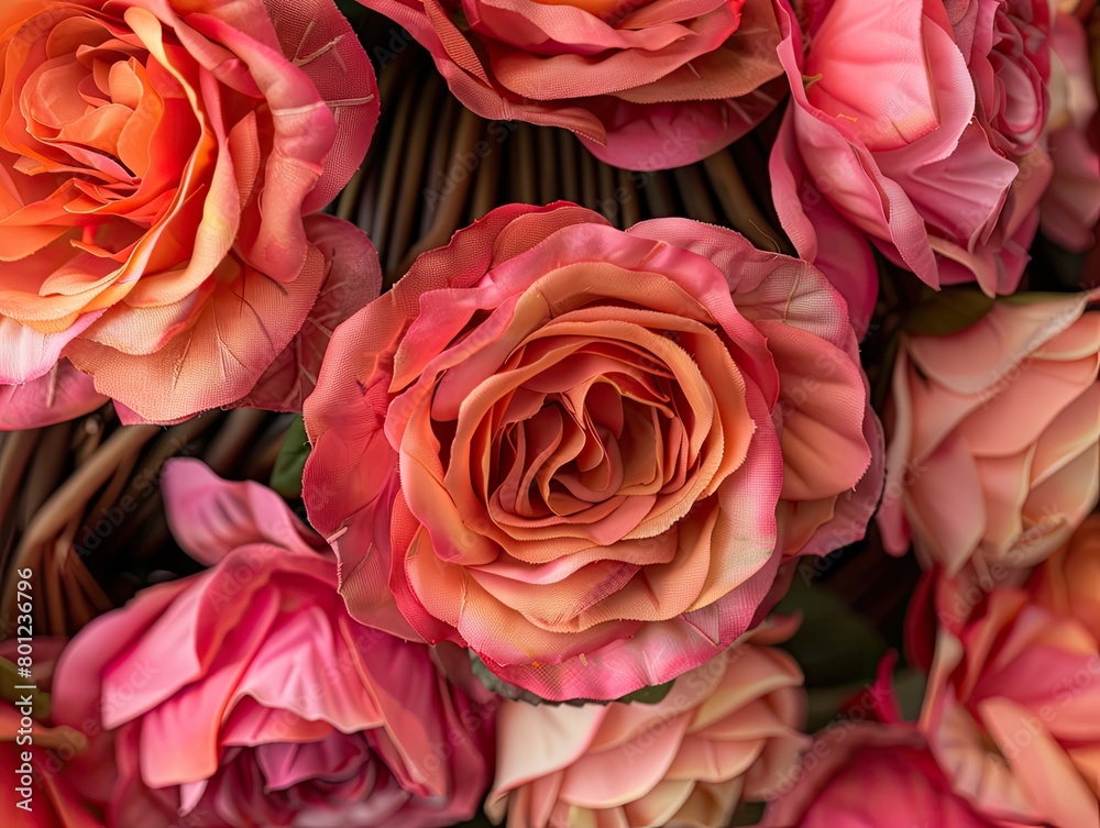 Close up on a captivating rose basket reveals a stunning arrangement of vibrant blooms delicately woven together. Each petal unfurls gracefully, forming a lush 
