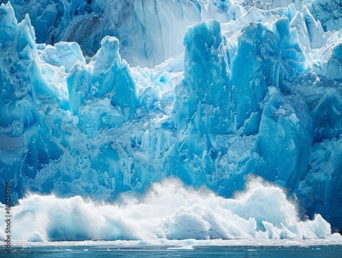 Dramatic high-res close-up of a glacier in the process of melting, set against a stark deep blue background, emphasizing global warming effects