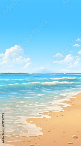 Sunlit Coastline, Sandy Beach, Clear Skies. Realistic Beach Landscape. Vector Background