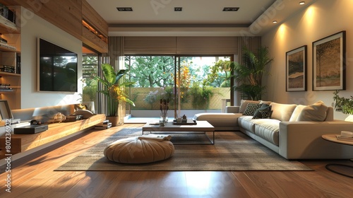 Family Living Room Modern Style: A 3D illustration highlighting a living room with a modern style