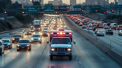 An ambulance rushing speeding on road in emergency photo
