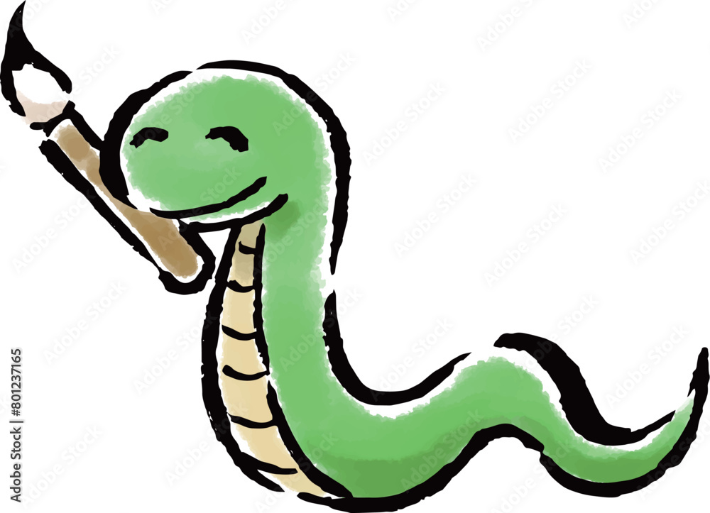 Fototapeta premium 筆を口にくわえた巳（へび） 筆タッチ手描きイラスト