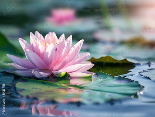 the serene beauty of a pink water lily floating delicately atop a tranquil pond. Its petals unfurl gracefully  showcasing soft hues of pink that dance upon the water s surface  