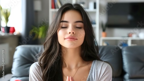 Young woman meditating at home eyes closed promoting relaxation and mental wellness . Concept Meditation, Home Wellness, Relaxation Practices, Mental Health, Self-care