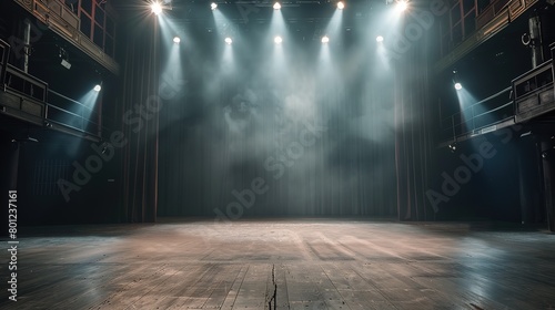 retro vintage interior theater stage with spotlights shine on rustic floor with smoke drifting around, background backdrop, Generative Ai