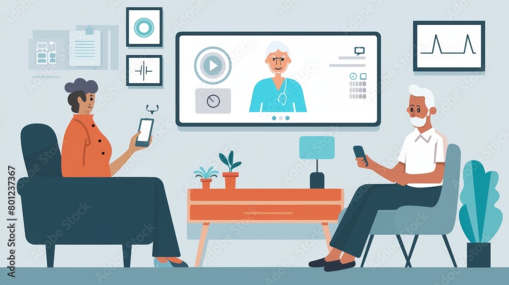 Remote health monitoring for elderly care with an image showing caregivers or family members remotely monitoring the health and well - being of elderly individuals using telemedicine - enabled devices Remote health monitoring for elderly care with an image showing caregivers or family members remotely monitoring the health and well - being of elderly individuals using telemedicine - enabled devices