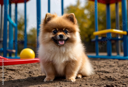 Fluffy puppy of Small German Pomeranian on dog playground, sitting, looking away. White funny playful doggy German Spitz dog playing on walk in nature, outdoors. Pet love concept. Copy ad text space