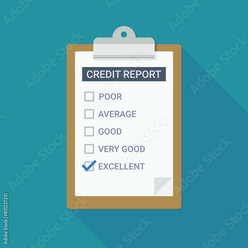 Clipboard with a page of a credit report with check box from poor to excellent in flat design style with long shadow
