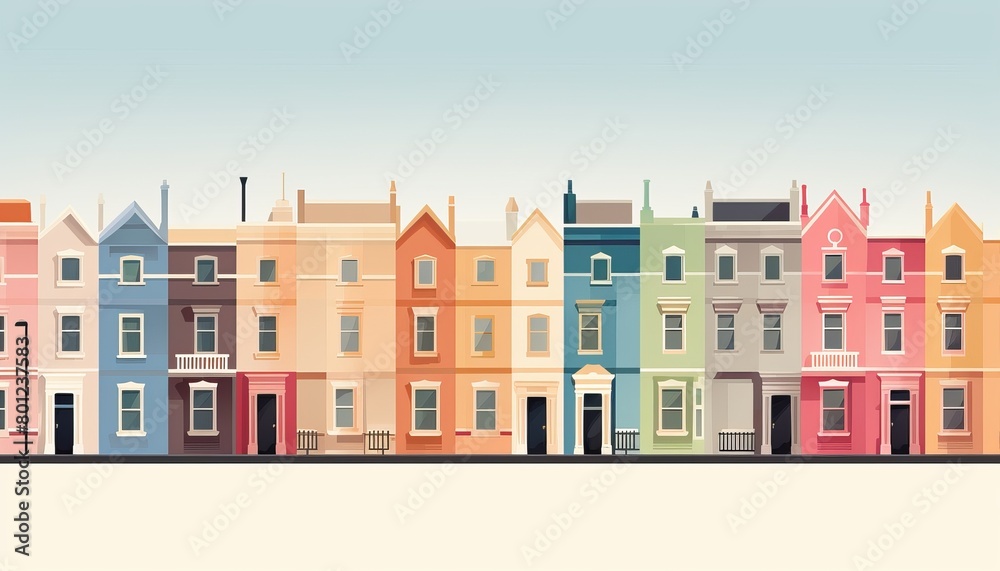 A row of colorful houses with different styles. The houses are all different colors, from blue to yellow to green.