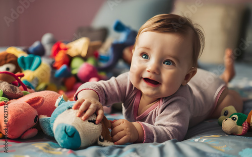 Happy Baby Playing with Colorful Toys on Comfortable Sofa