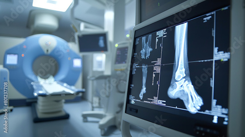 A close-up view inside a radiology room with a focus on the monitor displaying a clubfoot x-ray. Generative AI illustration  photo
