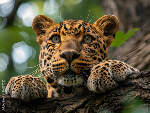 A leopard is resting on a tree branch, The background is a blur of green. © wcirco