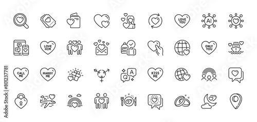 Kiss me, Marry me and Love lock line icons pack. AI, Question and Answer, Map pin icons. Love gift, Dating, Lgbt web icon. Romantic dinner, Heart, Honeymoon travel pictogram. Vector