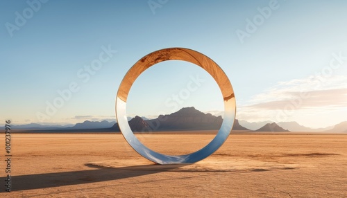 The image shows a large metal ring standing in the middle of a vast desert