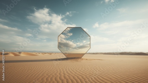 The image shows a large, octagonal mirror standing in the middle of a vast desert. The sky is blue, and there are some clouds. The mirror is reflecting the sky.
