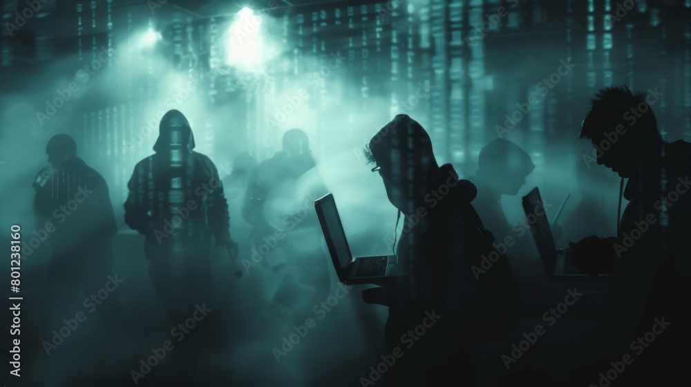 Shadowy silhouettes of cybercriminals at work, representing hackers and troll farms, with a dark, ominous backdrop suggesting online threats and cyber warfare Shadowy silhouettes of cybercriminals at work, representing hackers and troll farms, with a dark, ominous backdrop suggesting online threats and cyber warfare