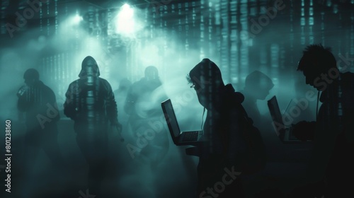 Shadowy silhouettes of cybercriminals at work, representing hackers and troll farms, with a dark, ominous backdrop suggesting online threats and cyber warfare